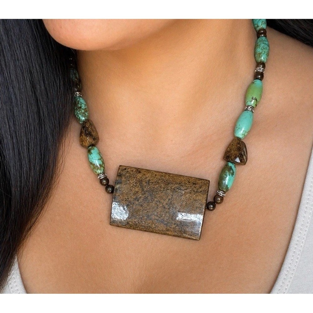 Vintage Turquoise Look Stone Bead Necklace Large Pendant Southwest Style